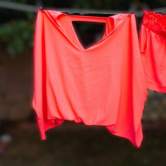 Tyche Bright Coral Crepe Texture Top and Shorts Set - Picture 3 of 5